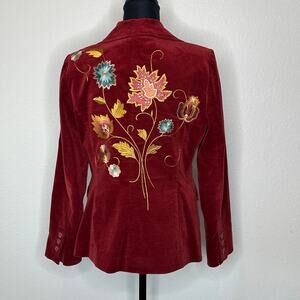CAbi Women’s The Poet Velvet Embroidered Blazer Burgundy Cotton Blend | Size 8